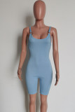 Blue Sexy Casual Solid Backless U Neck Skinny Rompers