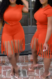 オレンジ色のセクシーなソリッドタッセルOネック半袖ツーピース
