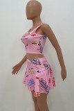 Pink Casual Letter Print Patchwork U Neck Sleeveless Two Pieces
