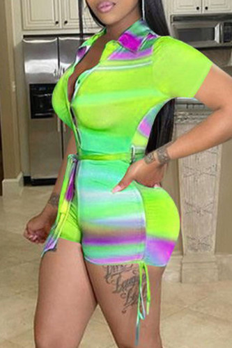 Fluorescent Green Casual Print Draw String Frenulum Turndown Collar Regular Rompers