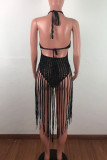 Rose Red Sexy Solid Pierced Tassel Frenulum Backless Swimwears Cover Up