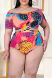 Multicolor Fashion Sexy Print Hot Drilling Backless Off The Shoulder Plus Size Maillots de bain