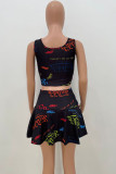 Black Casual Letter Print Patchwork U Neck Sleeveless Two Pieces