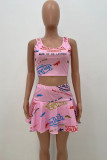 Pink Casual Letter Print Patchwork U Neck Sleeveless Two Pieces