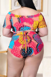 Multicolor Fashion Sexy Print Hot Drilling Backless Off the Shoulder Plus Size Bademode