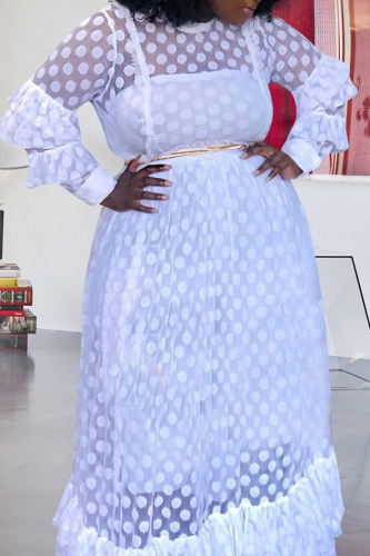 Falda de pastel con cuello en O de malla de patchwork sexy blanca Vestidos de talla grande