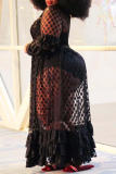 Zwarte sexy patchwork mesh O-hals taartrok Grote maten jurken