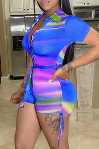 Royal Blue Casual Print Draw String Frenulum Turndown Collar Regular Rompers