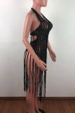 Rose Red Sexy Solid Pierced Tassel Frenulum Backless Swimwears Cover Up
