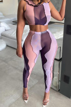 Púrpura moda sexy patchwork transparente o cuello sin mangas dos piezas