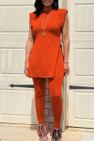 Оранжевый модный повседневный сплошной разрез с круглым вырезом без рукавов из двух частей
