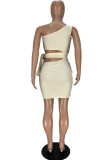 Абрикосовое модное сексуальное однотонное платье без рукавов с открытой спиной и одним плечом