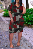 Army Green Fashion Casual Print Basic V-Ausschnitt Kurzarmkleid