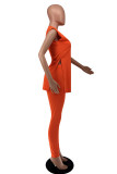 Оранжевый модный повседневный сплошной разрез с круглым вырезом без рукавов из двух частей