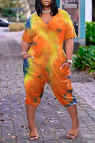 オレンジファッションカジュアル絞り染めVネックルーズジャンプスーツ（クロップドパンツ）