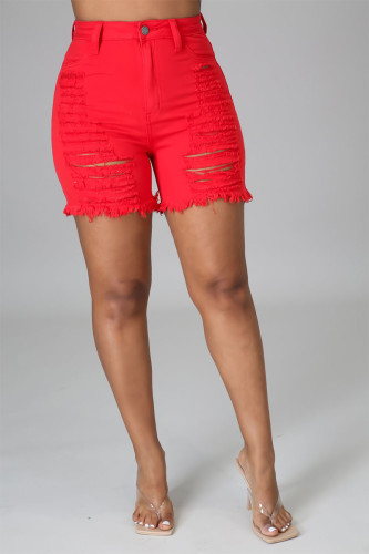 Red Sexy Solid Pierced Make Old Patchwork Buttons High Waist Skinny Ripped Denim Shorts