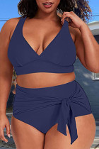 Blue Sexy Solid Bandage V Neck Plus Size Swimwear
