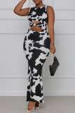 Schwarz-weißer Mode-reizvoller Druck, ausgehöhltes Weste-Kleid mit O-Ausschnitt
