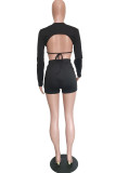 Blanc Fashion Casual Solid Backless Strap Design O Neck Long Sleeve Two Pieces