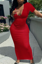 Красное модное повседневное однотонное базовое платье с v-образным вырезом и коротким рукавом