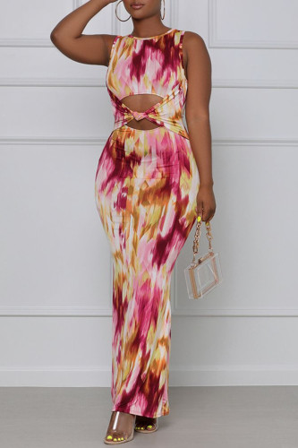 Farbe Mode Sexy Print Ausgehöhltes Weste Kleid mit O-Ausschnitt