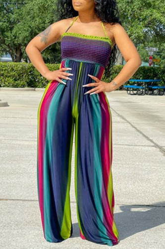 Colour Sexy Casual Print Backless Halter Regular Jumpsuits