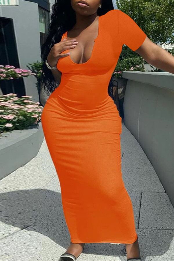 Orange Fashion Casual Solid Basic V-Ausschnitt Kurzarmkleid