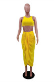 Yellow Sexy Casual Solid Patchwork Asymmetrical O Neck Sleeveless Two Pieces
