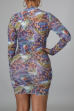Robes de jupe crayon à col rond en patchwork de caractère sexy imprimé léopard
