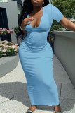 Diepblauwe mode casual effen basic v-hals jurk met korte mouwen