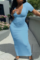 Ljusblå Mode Casual Solid Basic V-ringad kortärmad klänning