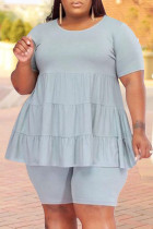 Light Blue Casual Solid Split Joint O Neck Plus Size Two Pieces