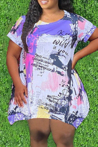 Фиолетовое модное повседневное платье больших размеров с принтом и круглым вырезом с коротким рукавом