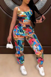 Chalecos estampados casuales de moda multicolor Pantalones con cuello en U sin mangas de dos piezas
