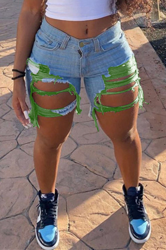Calça jeans sexy fashion com buraco quebrado verde