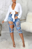 Blue Casual Solid Mid Waist Distressed Skinny Ripped Denim Shorts