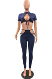Tibetan Blue Fashion Sexy Solid Hollowed Out Strap Design Half A Turtleneck Short Sleeve Two Pieces