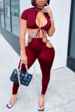 Burgundy Fashion Sexy Solid Hollowed Out Strap Design Half A Turtleneck Short Sleeve Two Pieces