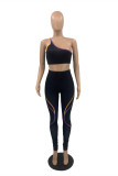 Black Casual Sportswear Print Vests Pants One Shoulder Sleeveless Two Pieces