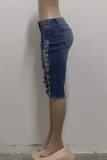 Blue Casual Solid Ripped Mid Waist Skinny Denim Shorts
