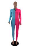 ローズ レッド ブルー ファッション カジュアル ソリッド パッチワーク ジッパー カラー レギュラー ジャンプスーツ