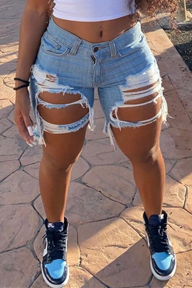 

Light Blue Fashion Sexy Broken Hole Denim Pants