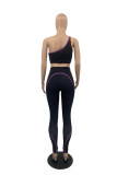 Black Casual Sportswear Print Vests Pants One Shoulder Sleeveless Two Pieces