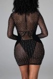 Абрикосовое сексуальное лоскутное прозрачное платье с длинными рукавами и горячим сверлением, комплект из трех предметов