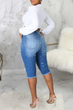 Short jeans skinny azul casual sólido rasgado cintura média