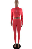 Watermelon Red Fashion Casual Solid Embroidered Zipper Collar Long Sleeve Two Pieces