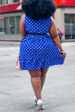Vestido azul fashion casual plus size com estampa de pontos básico O pescoço