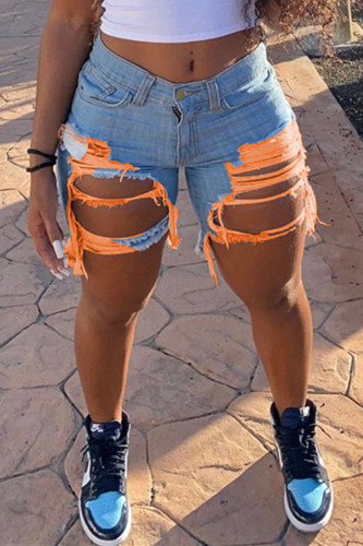 Calça jeans sexy fashion com buraco quebrado laranja