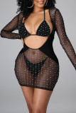 Apricot Sexy Patchwork Hot Drilling Hollowed Out See-through Long Sleeve Dress Three-piece Set