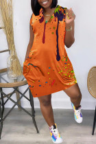 Оранжевое модное повседневное базовое платье без рукавов с v-образным вырезом и принтом